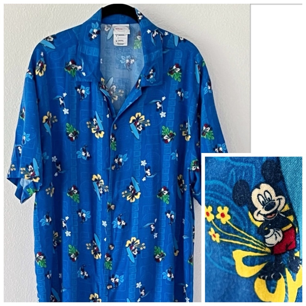 Vintage Disney Tiki Surf Hawaiian Aloha Mickey Mouse Camp Button Down Shirt